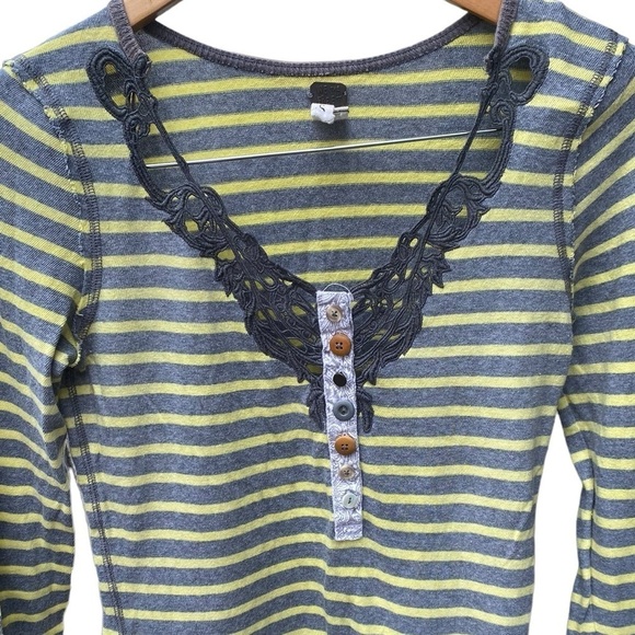 Free People Yellow/Gray Striped Call Back Henley Top I Size: S - Picture 3 of 12